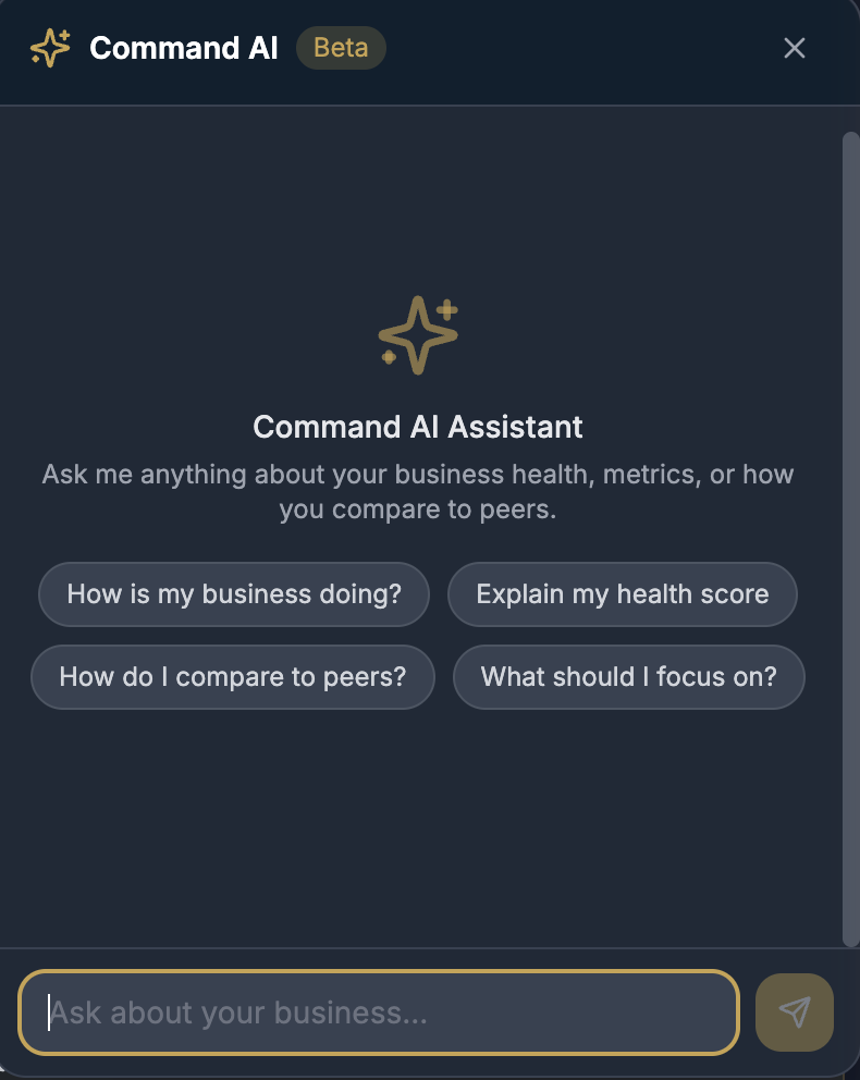 Command AI Assistant — chat interface with suggested prompts for business health, peer comparison, and weekly focus
